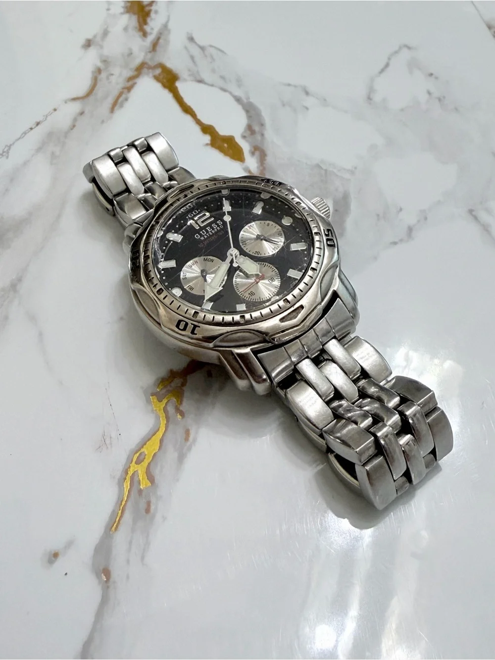 Guess Waterpro Chronograph Watch Men's Silver Tone Day Date Stainless Steel